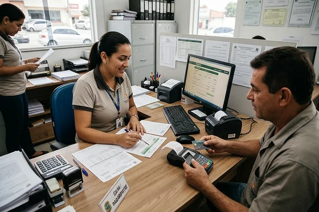 Despachante auxiliando cliente no pagamento de débitos vehiculares.